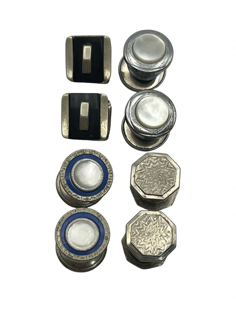 Art Deco silver tone snap link cufflinks vintage set of 4 embossed design